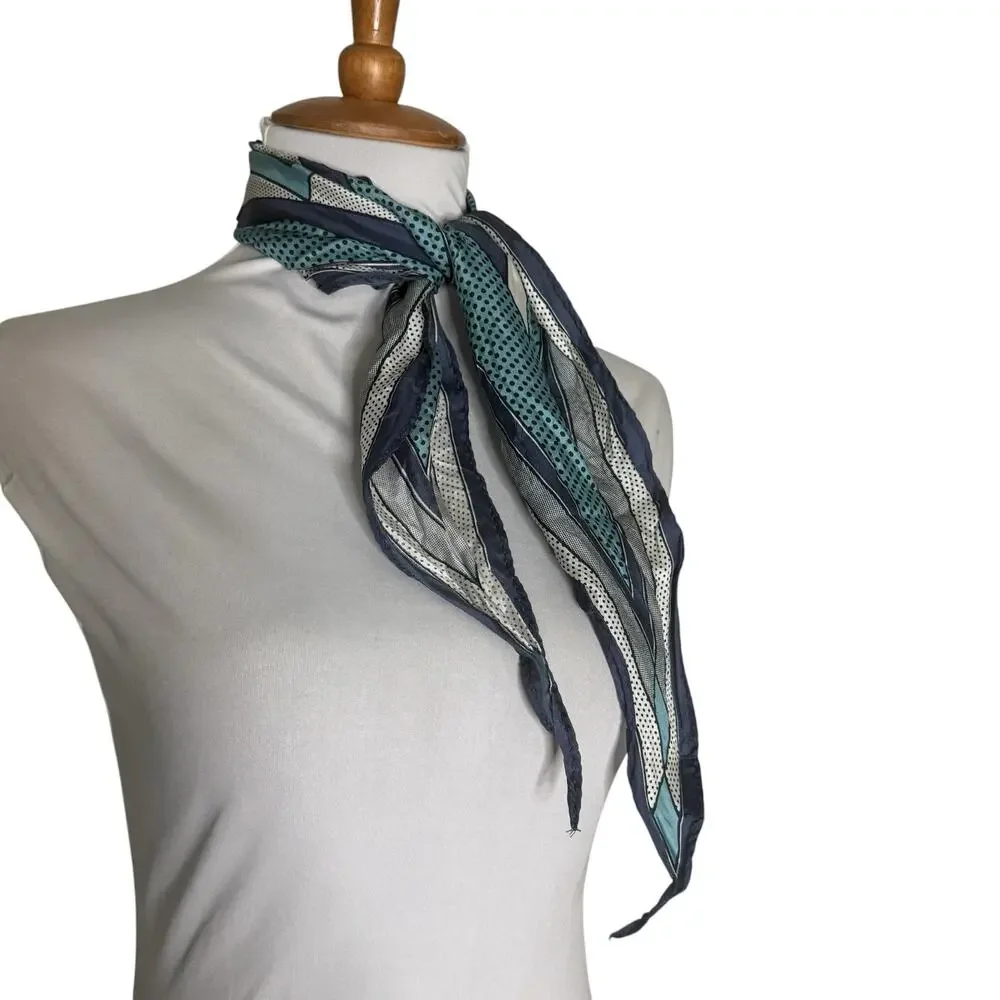 Vintage Silk Scarf Aqua Navy Geometric Polka Dot Square Neck Hair Scarf